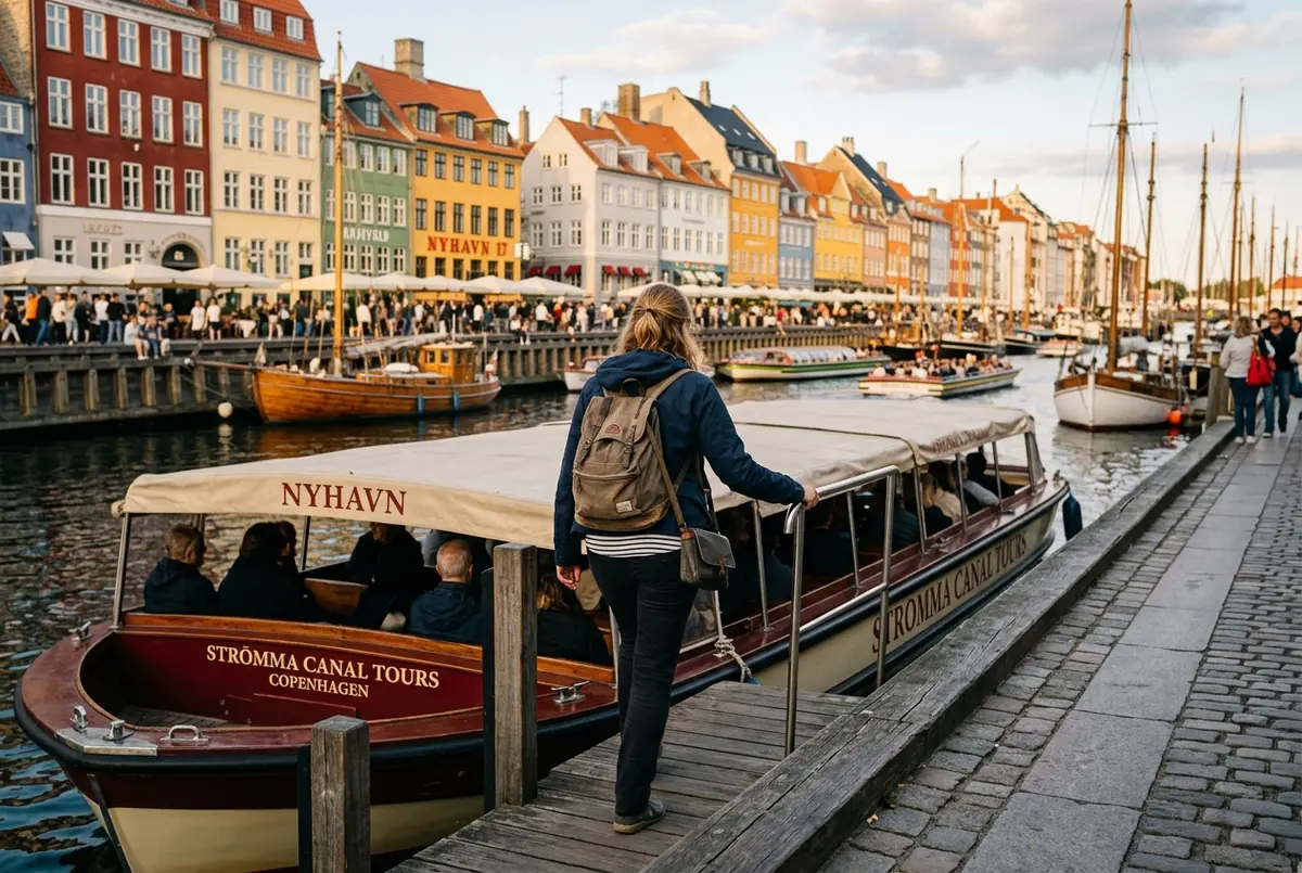 Traveler boarding a Stromma canal cruise boat at Nyhavn's colorful harbor with a Copenhagen Card visible on their phone screen