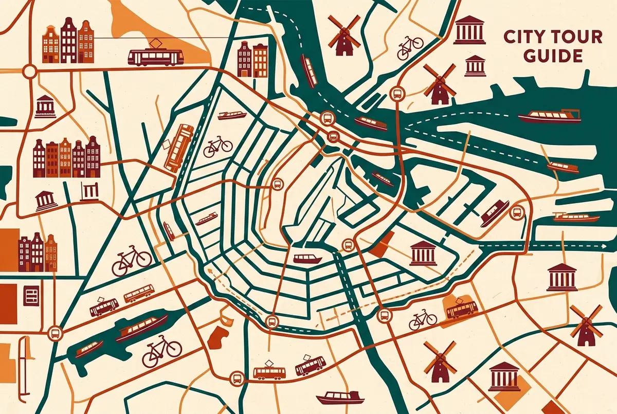 Comparison infographic showing the included canal cruise route against the hop-on hop-off bus routes, labeled with generic stop names and no prices