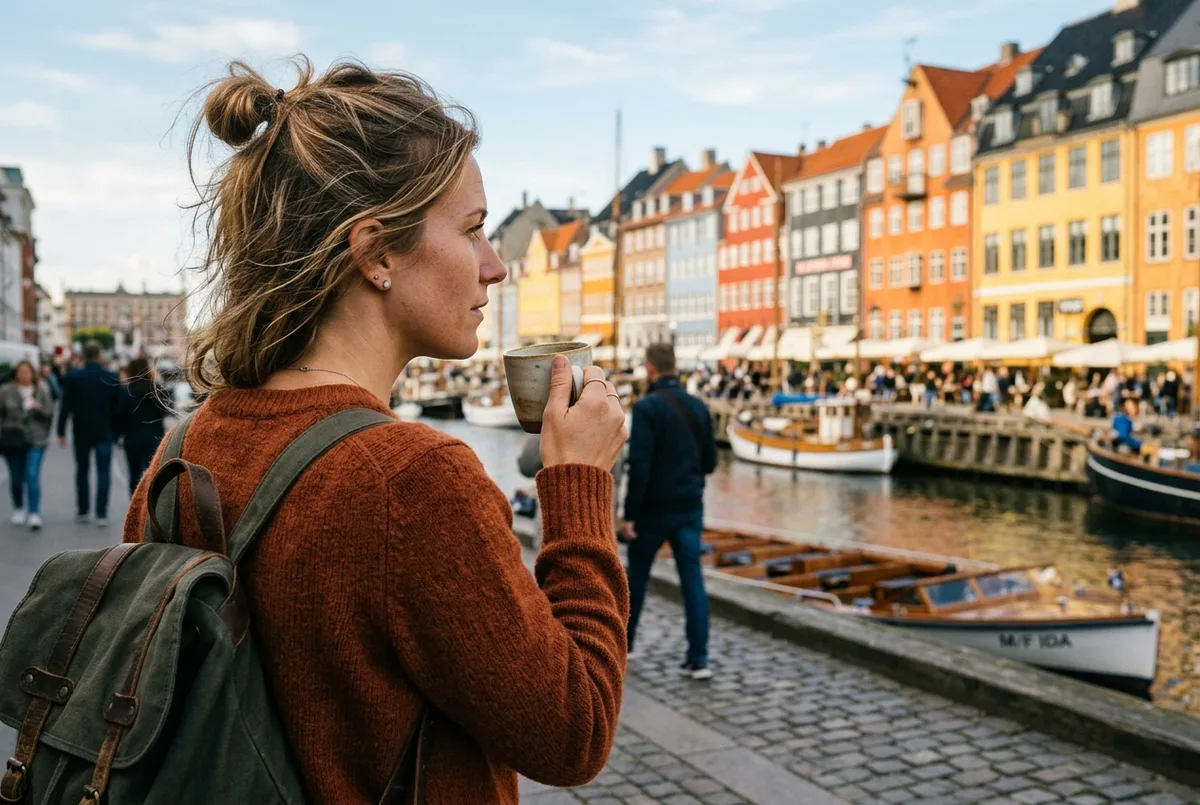 gros plan sur les mains d'une voyageuse tenant un telephone affichant l'ecran d'activation de la copenhagen card app avec le port de nyhavn flou en arriere plan