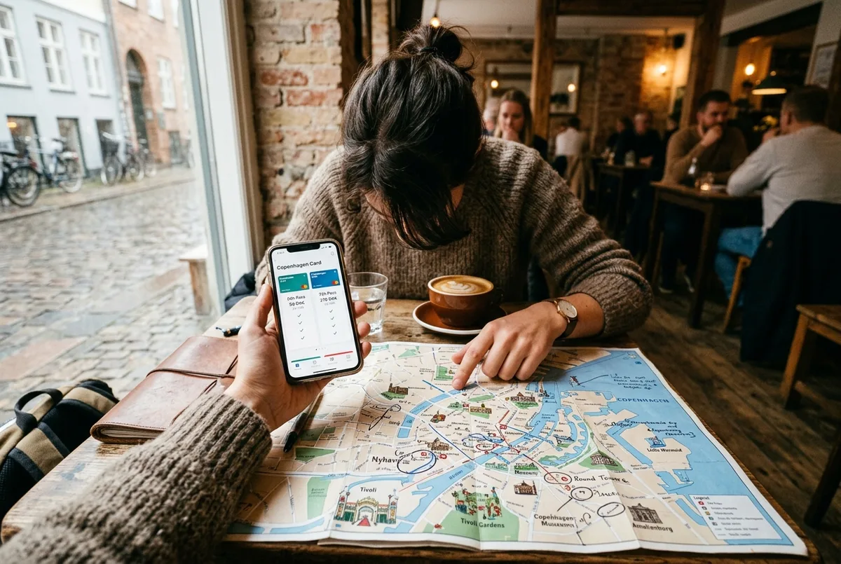 Traveler comparing Copenhagen Card 24 hours and 72 hour options on a phone with a paper map of Copenhagen attractions spread on a cafe table