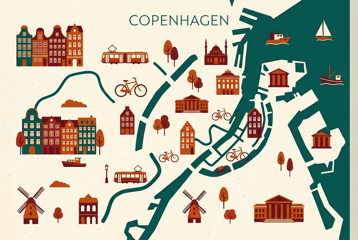 Simple itinerary map showing suggested day-by-day attraction stops in Copenhagen matched to 24, 48 and 72 hour card durations, with generic location labels