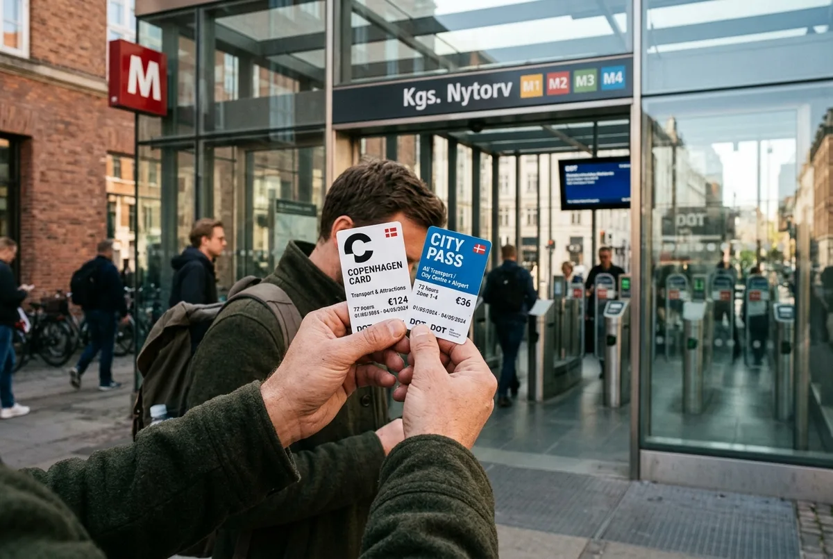 Reisender hält zwei verschiedene Kopenhagener Nahverkehrskarten nebeneinander am Eingang einer Metrostation, Vergleich Copenhagen Card oder City Pass