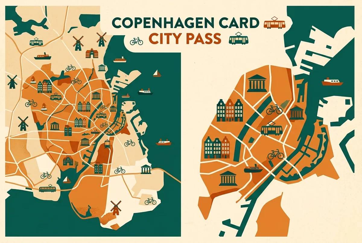 Einfache Nebeneinander-Infografik, die die Abdeckungsbereiche von Copenhagen Card und City Pass vergleicht, mit generischen Icons für Nahverkehr und Attraktionen ohne Preise