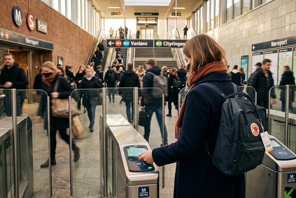 Traveler tapping a Copenhagen City Pass card at a metro ticket gate at Norreport station during morning rush hour