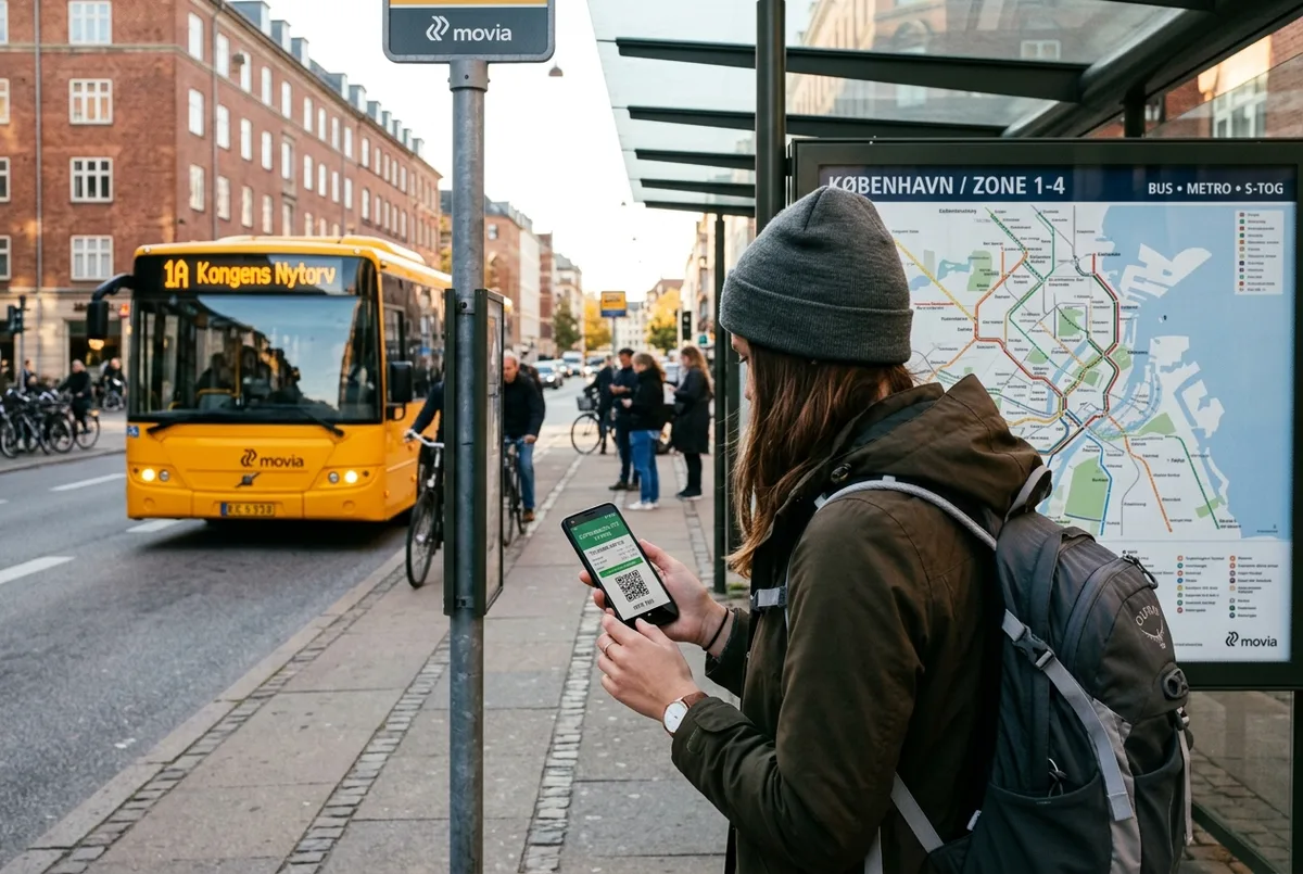 Viajero comprobando en el movil la pantalla de activacion de un copenhagen city pass 72 hours en una parada de autobus con un mapa de la ciudad de fondo