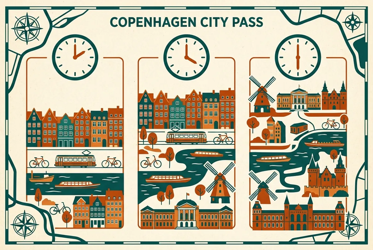 Gráfico de linea de tiempo sencillo comparando las duraciones de 24, 48 y 72 horas del Copenhagen City Pass con iconos de reloj genericos, sin precios