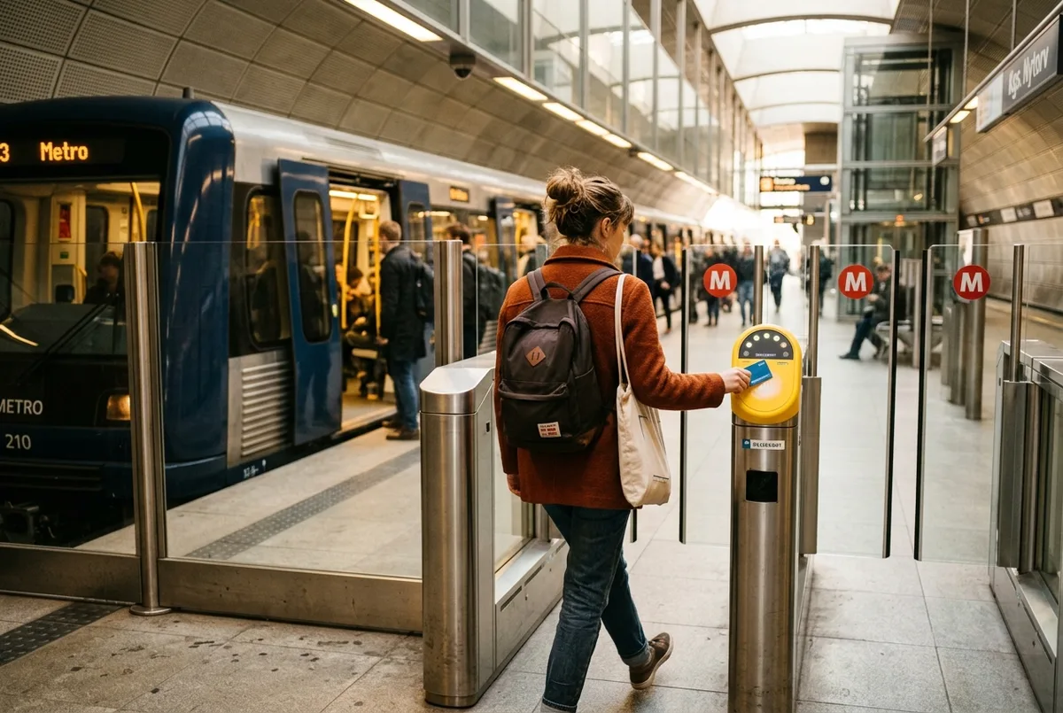 Traveler boarding a Copenhagen metro train while tapping a copenhagen city pass metro ticket at the platform gate