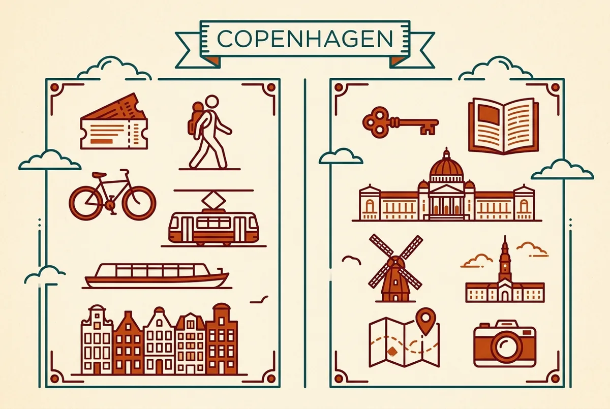 Comparison infographic showing a Copenhagen transport day pass, the City Pass and the Copenhagen Card side by side with generic feature labels