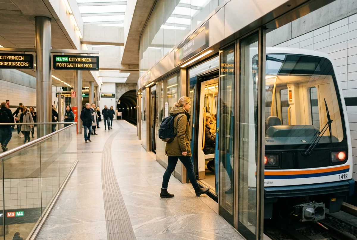 Traveler boarding a driverless copenhagen metro pass train at a bright modern platform with the doors open