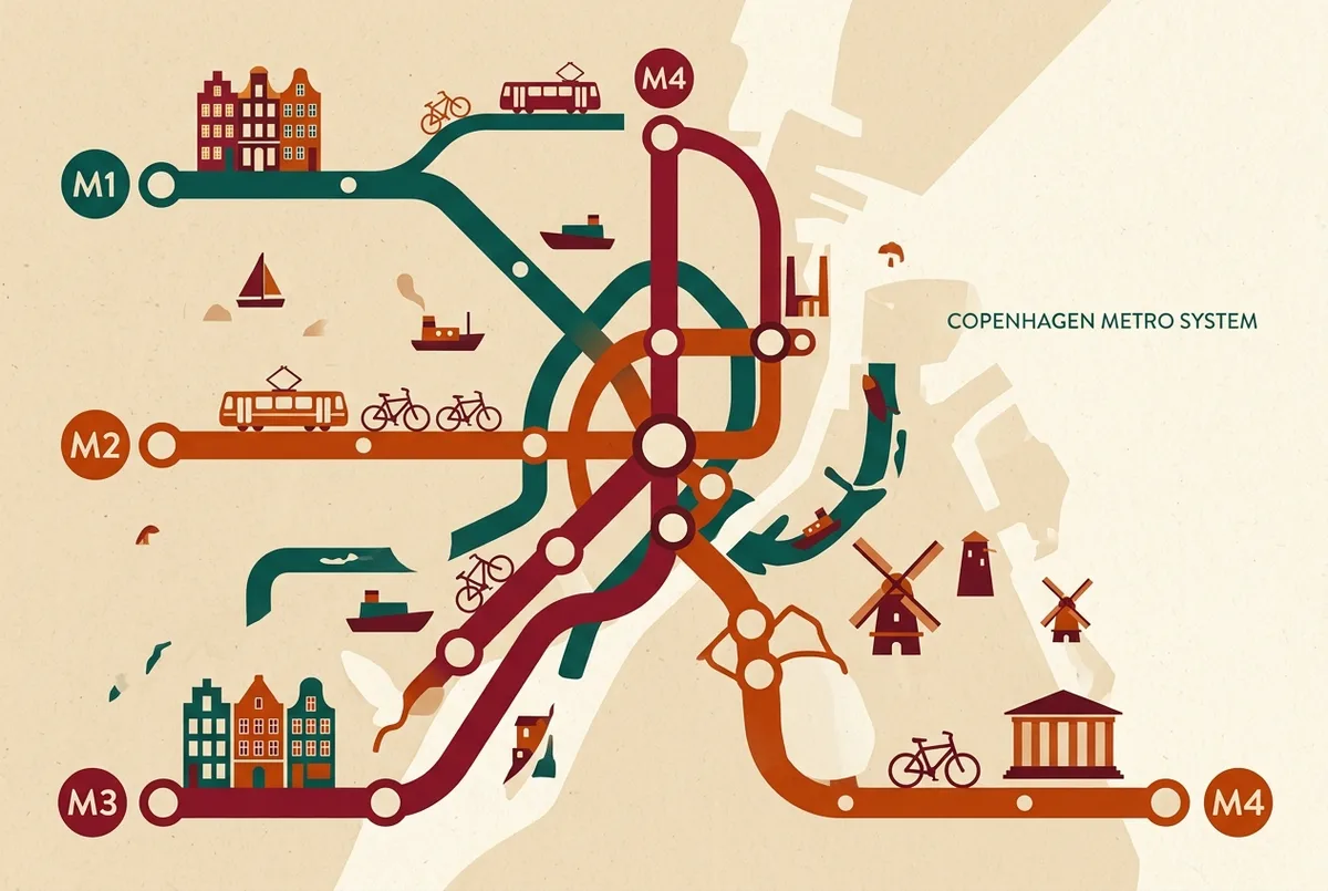 Simple diagram of the Copenhagen metro M1 M2 M3 and M4 lines converging at central interchange stations with generic route labels
