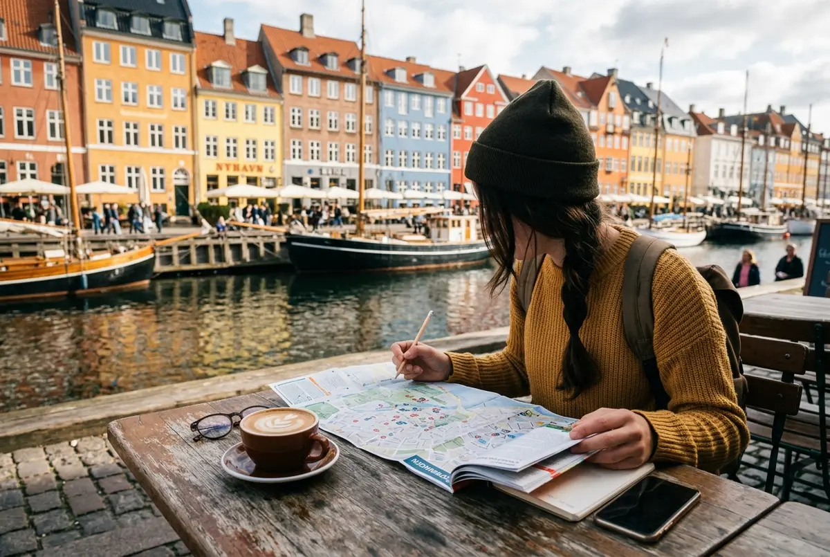Traveler with a city map and coffee planning a copenhagen trip at an outdoor cafe table beside the colorful Nyhavn harbor houses