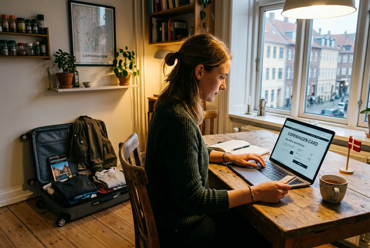Viajante finalizando a compra do Copenhagen Card no celular em um café, tela mostrando um código de confirmação, mala ao lado