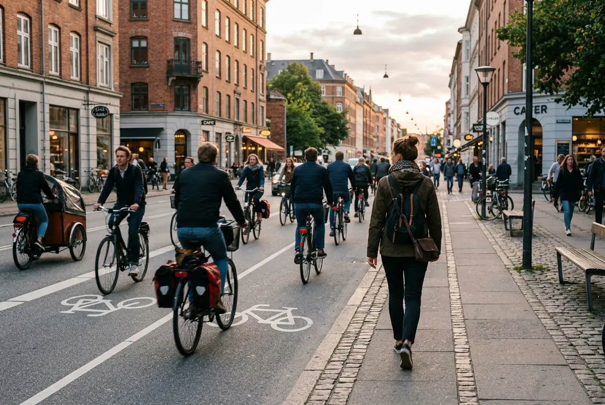 Tourist confidently walking on a Copenhagen sidewalk beside a marked bike lane full of cyclists at early evening