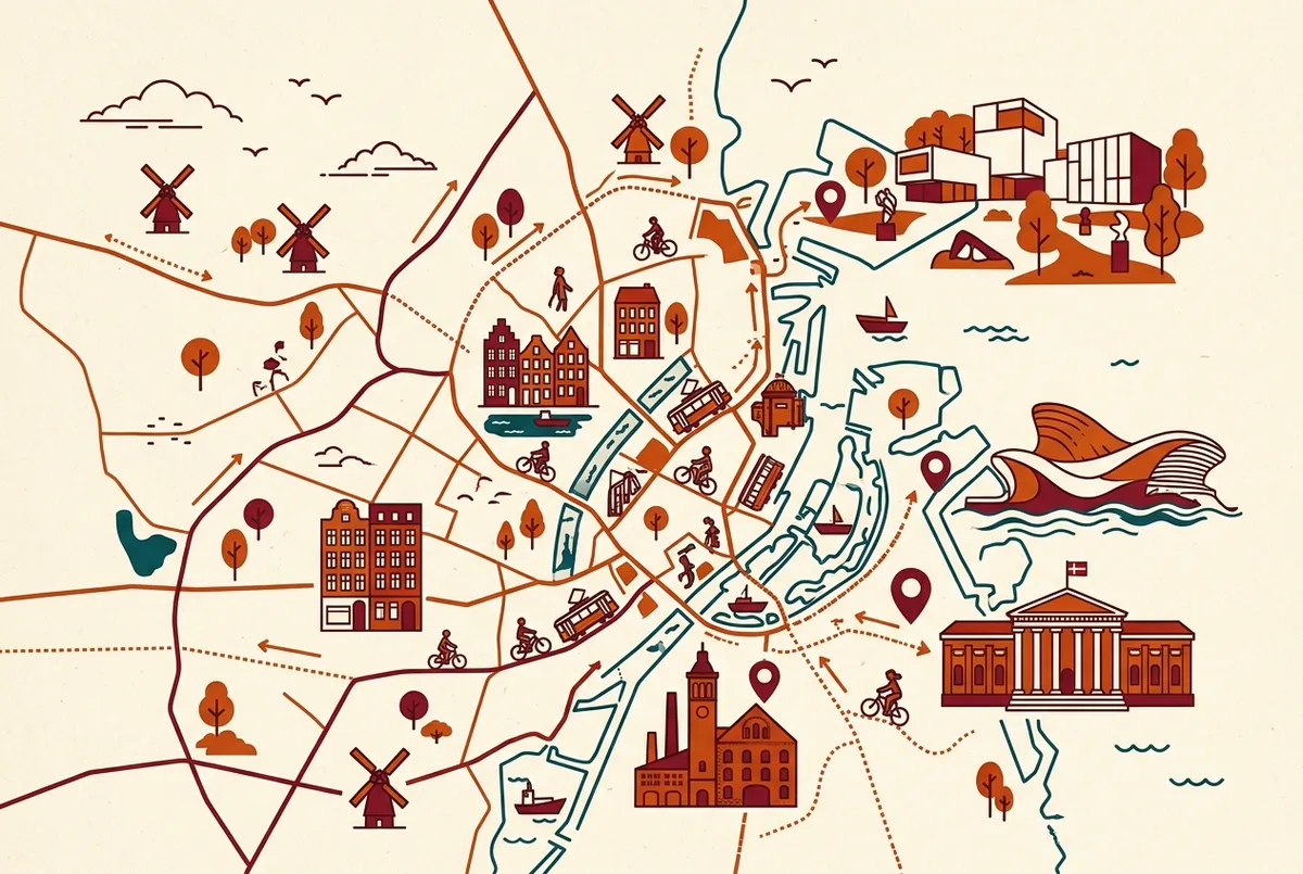 Mapa infografico sencillo con Kronborg, Rundetaarn, Rosenborg, Louisiana y Den Bla Planet marcados alrededor de Copenhague, con iconos genericos de distancia y sin precios