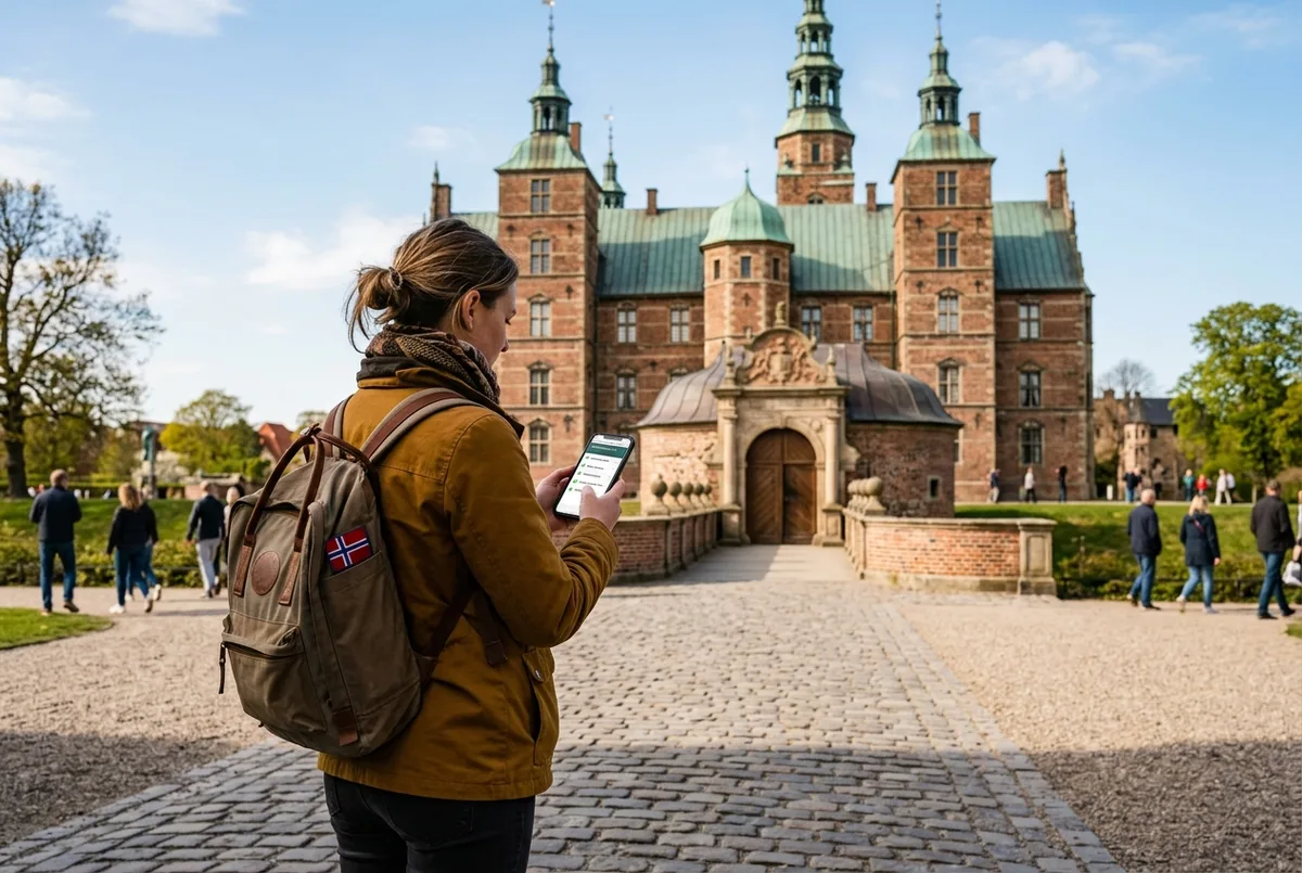 Visitor checking a Copenhagen Card attractions checklist on a phone outside Rosenborg Castle's garden gate