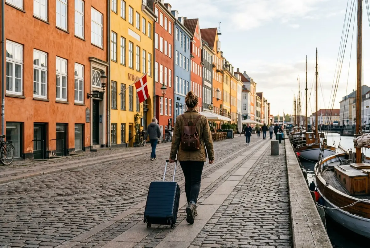 Traveler wheeling a suitcase past colorful townhouses in Copenhagen's Indre By neighborhood near a canal at midday