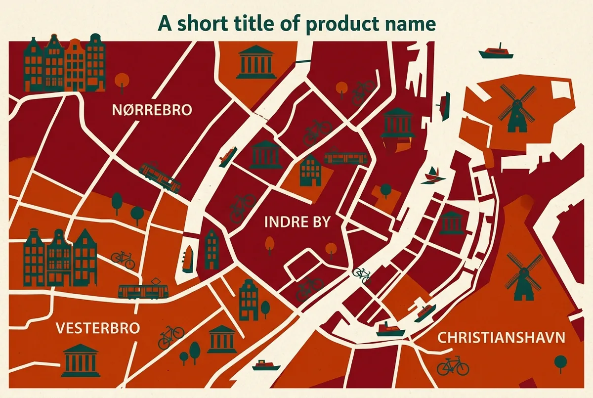 Simple map infographic showing Indre By, Vesterbro, Nørrebro and Christianshavn positioned around Copenhagen's harbor with generic neighborhood labels and no prices